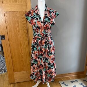 Anthropologie Floral Maxi Dress in Coral and Teal